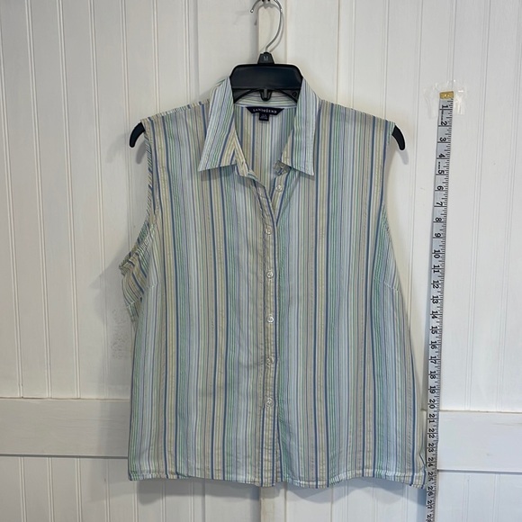 Lands’End: blue,yellow, green, white & beige stripes  blouse size 14–16 - Picture 1 of 6